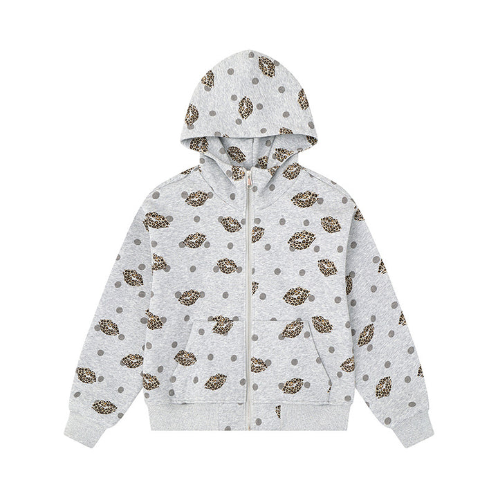 Damen Reißverschluss-Hoodie im Casual-Look mit Lippen‑Motiv und Punktmuster Drune