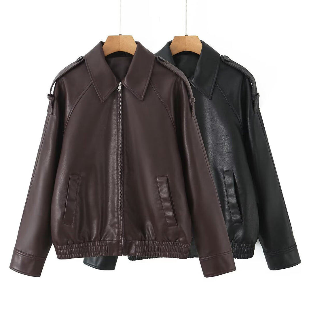 Damen Oversized Lederimitat-Flightjacke mit Bonded-Kragen, Schulterklappen und elastischem Saum Drune