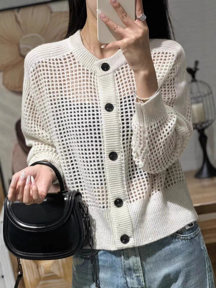Damen Lockerer Mesh‑Cardigan mit Gitter‑Ajour, Rundhalsausschnitt und Knopfleiste Drune