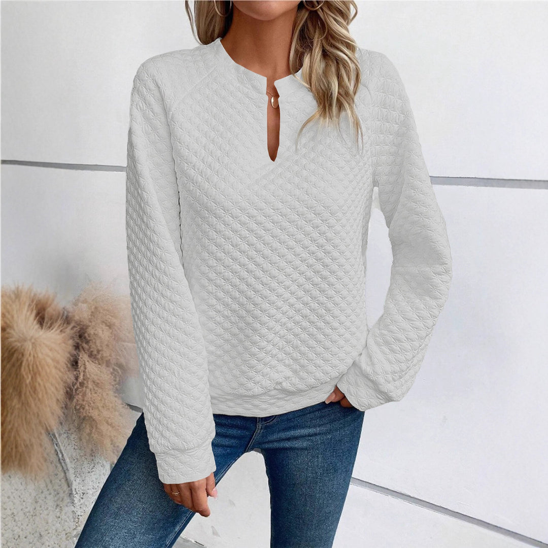 Damen Gestepptes Sweatshirt mit Schlitzkragen, Rautenstruktur und Raglanärmeln Drune