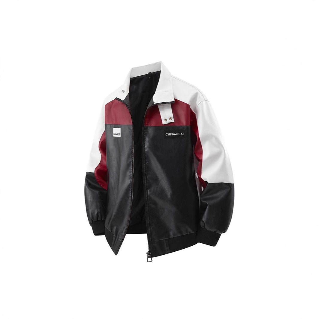 Herren Retro-inspirierte Lederimitat-Blockjacke mit Stehkragen und Reißverschluss Drune