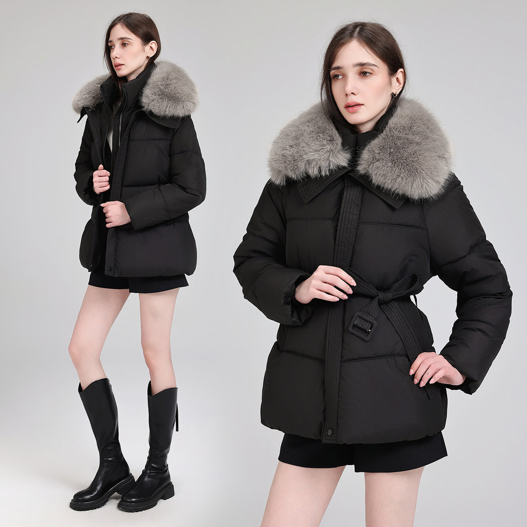 Damen Taillierter Pufferparka mit Wickelgürtel, hohem Stehkragen und voluminösem Fellkragen Drune