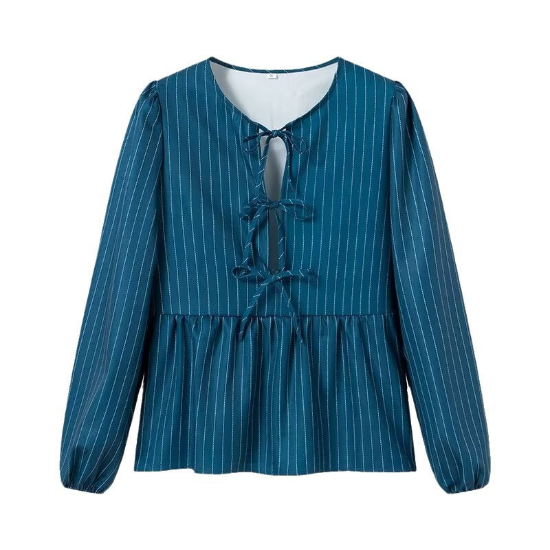 Damen Gestreifte Peplum‑Bluse mit vorderer Schnürung und langen Ballonärmeln Drune