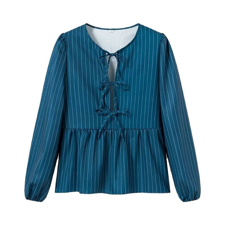 Damen Gestreifte Peplum‑Bluse mit vorderer Schnürung und langen Ballonärmeln Drune