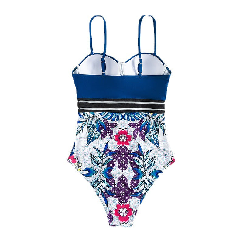 Damen Einteiler Badeanzug mit dekorativem Blumenmuster und strukturierter Taille Drune
