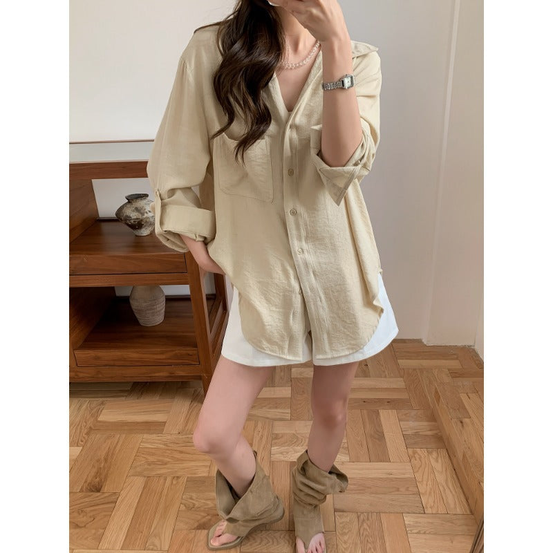 Damen Lässiges Leinenoptik-Longshirt mit Oversize-Schnitt und Brusttasche Drune