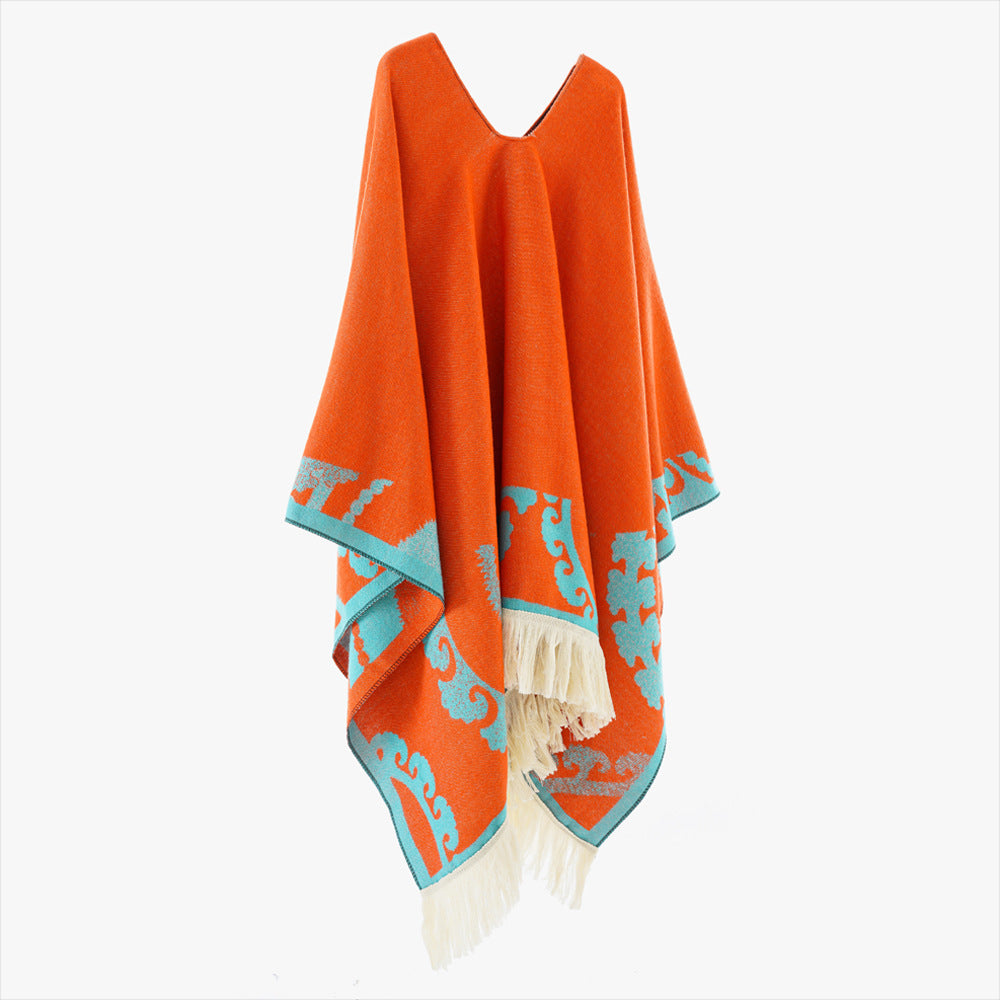Damen Wollmix-Medallionponcho mit V-Ausschnitt und Fransensaum Drune