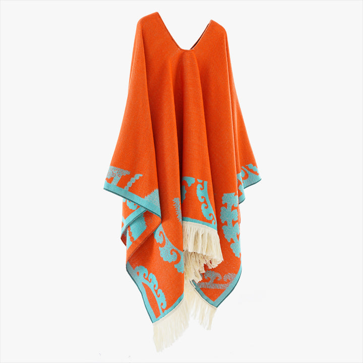 Damen Wollmix-Medallionponcho mit V-Ausschnitt und Fransensaum Drune