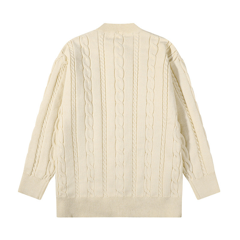 Unisex Übergroße Zopfmuster-Strickjacke mit Knopfleiste und Rundhalsausschnitt Drune