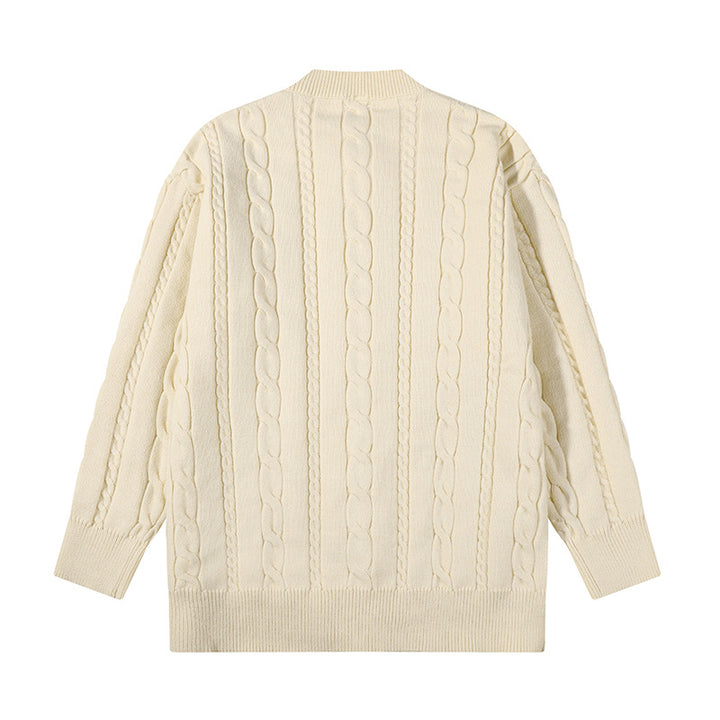Unisex Übergroße Zopfmuster-Strickjacke mit Knopfleiste und Rundhalsausschnitt Drune