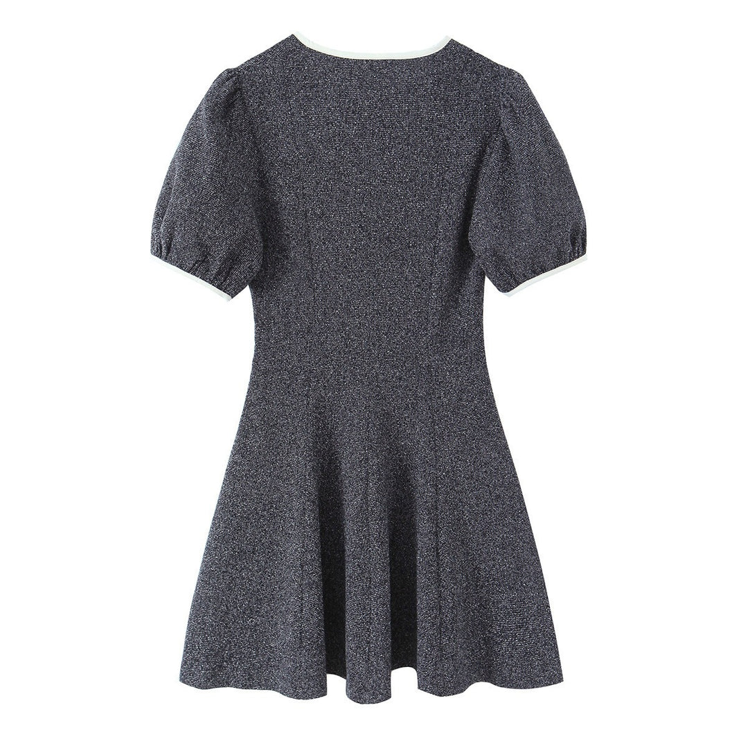 Damen Kurzarm Kleid mit eleganter Schleifenapplikation und V-Ausschnitt Drune