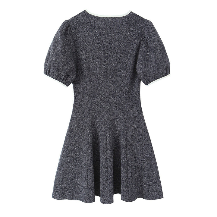 Damen Kurzarm Kleid mit eleganter Schleifenapplikation und V-Ausschnitt Drune