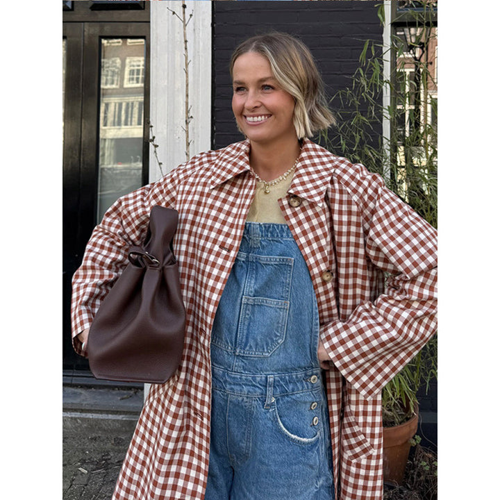 Damen Midilanger karierter Mantel im Oversize-Schnitt mit aufgesetzten Taschen Drune