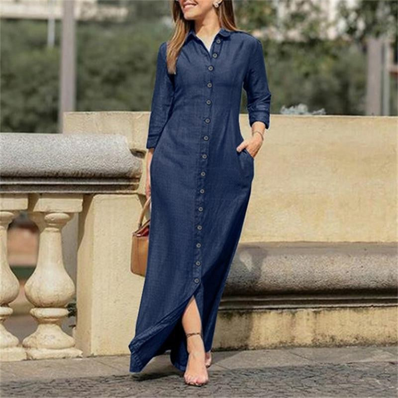 Damen Maxikleid Hemdblusenkleid mit Knopfleiste und Seitentaschen Drune