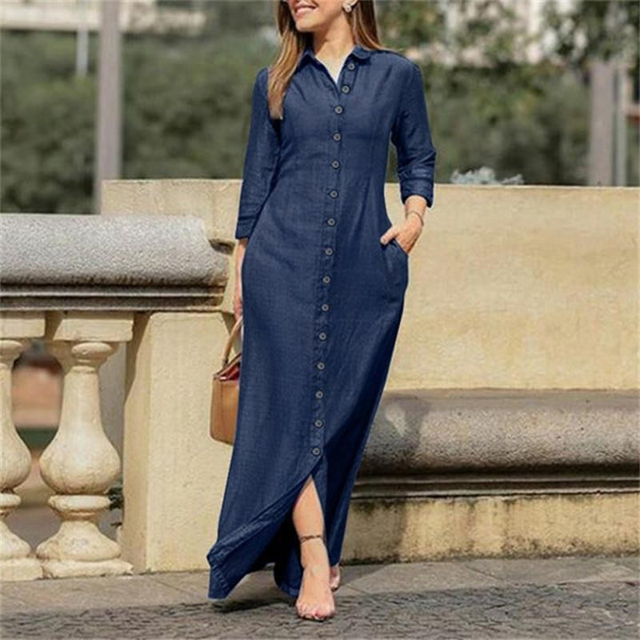 Damen Maxikleid Hemdblusenkleid mit Knopfleiste und Seitentaschen Drune