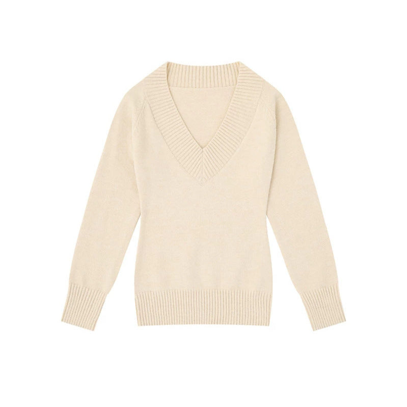 Damen Feinstrickpullover mit tiefem V-Ausschnitt, breitem Ripprand und legerer Passform Drune