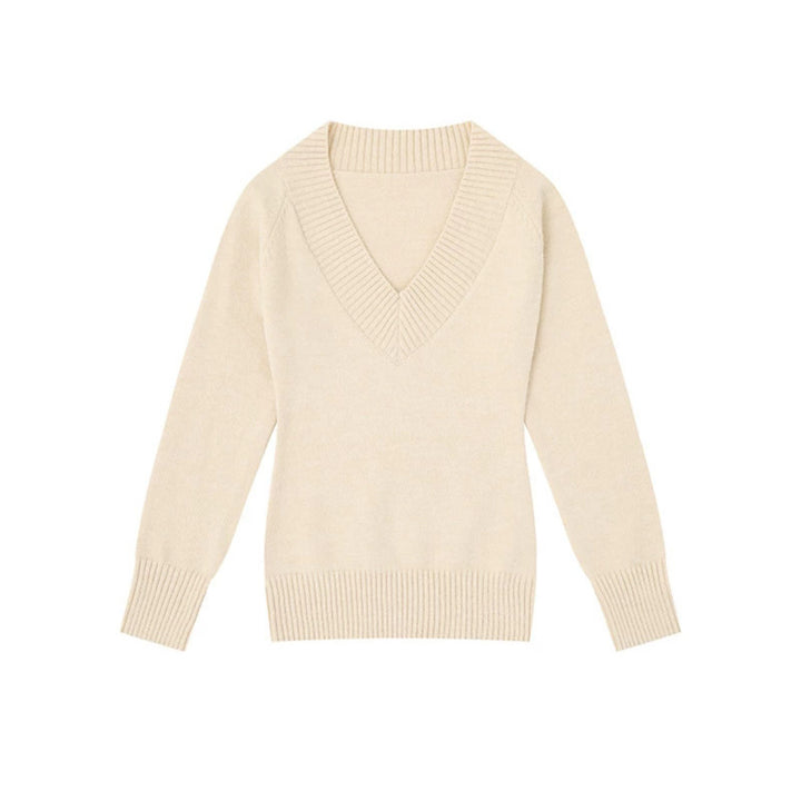 Damen Feinstrickpullover mit tiefem V-Ausschnitt, breitem Ripprand und legerer Passform Drune