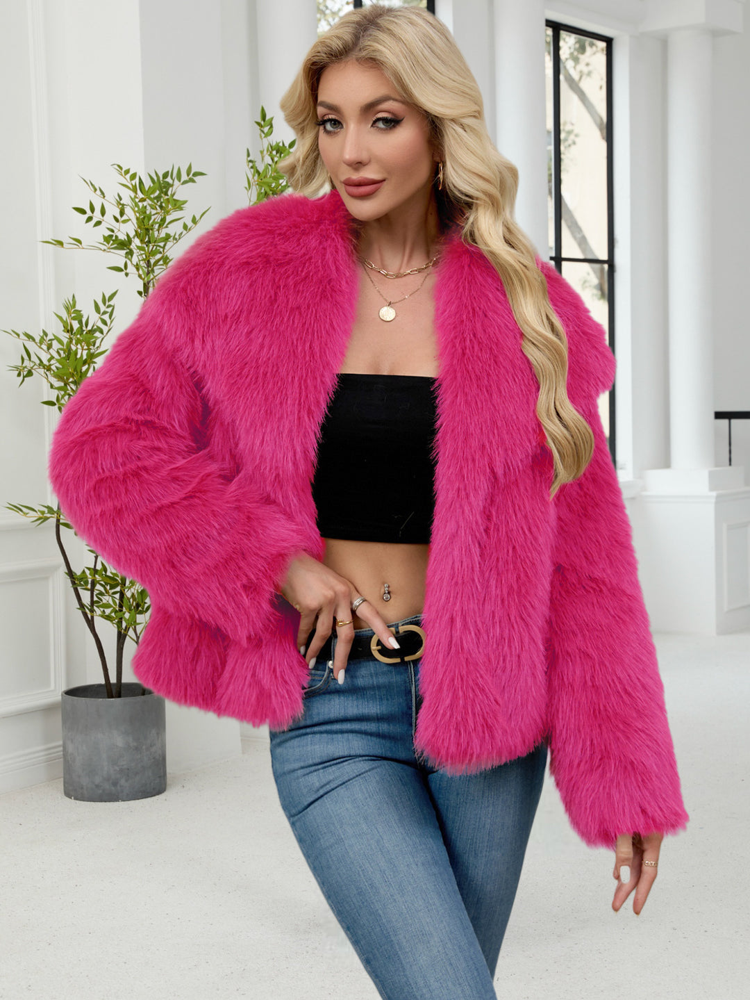Damen Flauschige Kunstpelzjacke mit oversized Schnitt und voluminösen Ärmeln Drune