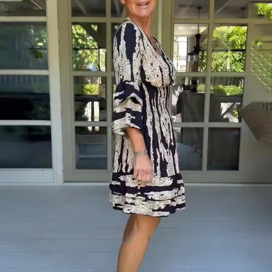 Damen romantisches V-Ausschnitt Kleid mit weiten Ärmeln und floralem Design Drune
