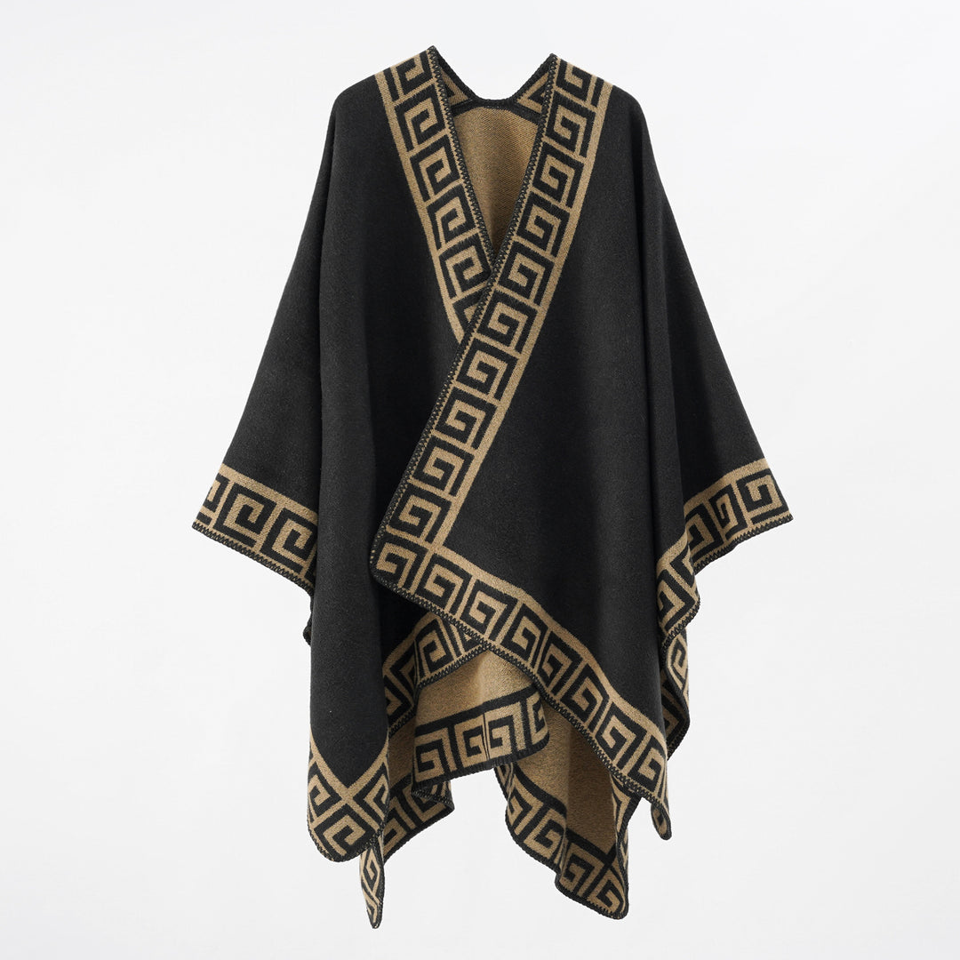 Damen Cape‑Poncho mit Mäander‑Bordüre und Wollmix‑Qualität Drune