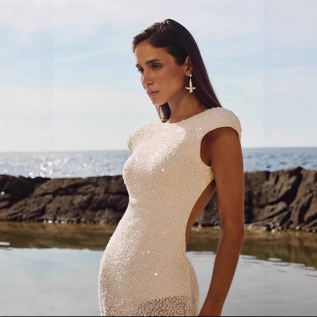 Damen Elegantes Abendkleid mit tiefem Rückenausschnitt und funkelnden Verzierungen Drune