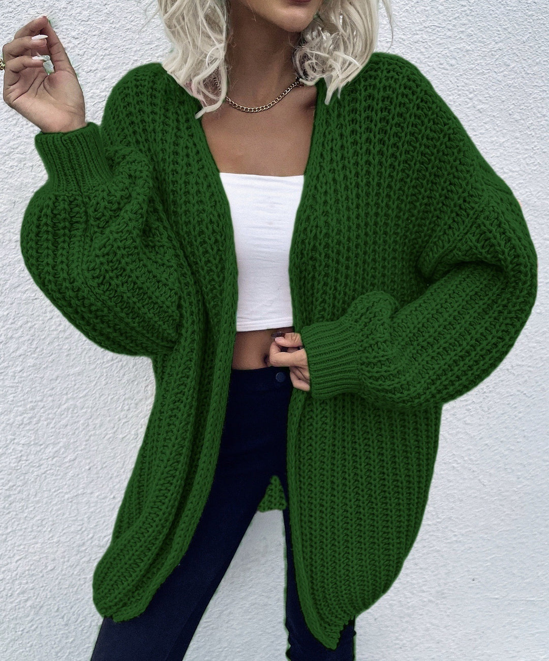 Damen lässiger Grobstrick-Cardigan mit tiefen Taschen und voluminösen Ärmeln Drune
