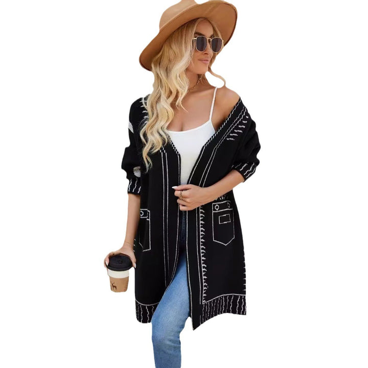 Damen elegante Strickjacke mit tiefem V-Ausschnitt und dekorativen Nähten Drune