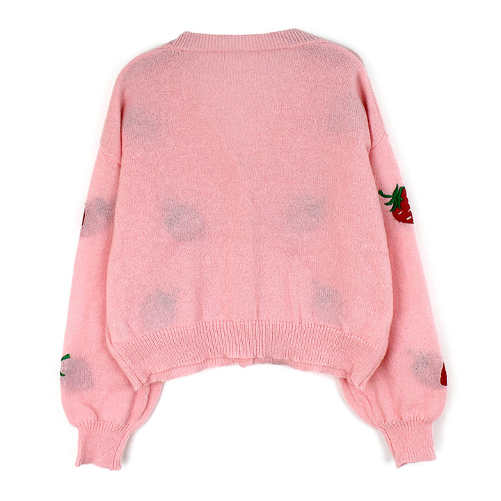 Damen verspielter Strickcardigan mit Erdbeerstickerei Drune