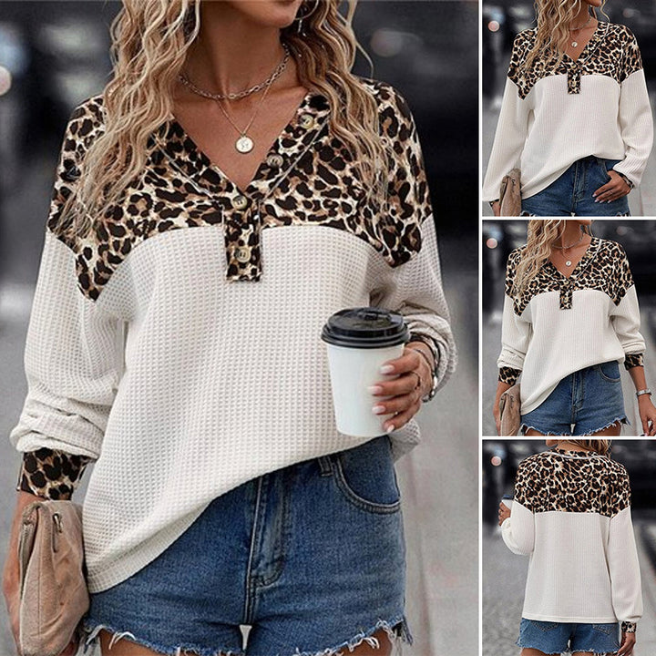 Damen nan lockeres Waffelstrick-Langarmshirt mit Leoprint-Passe und Henley-Knopfleiste Drune