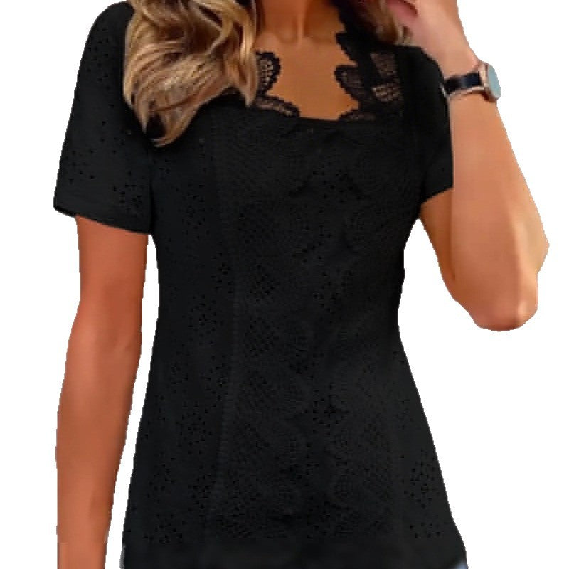 Damen nan Lochstickerei-Bluse mit Spitzenpasse und quadratischem Ausschnitt Drune