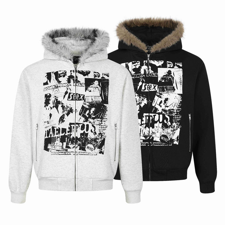 Damen Kapuzen‑Sweatjacke mit Kunstfellbesatz, Frontzip und Collage‑Print Drune