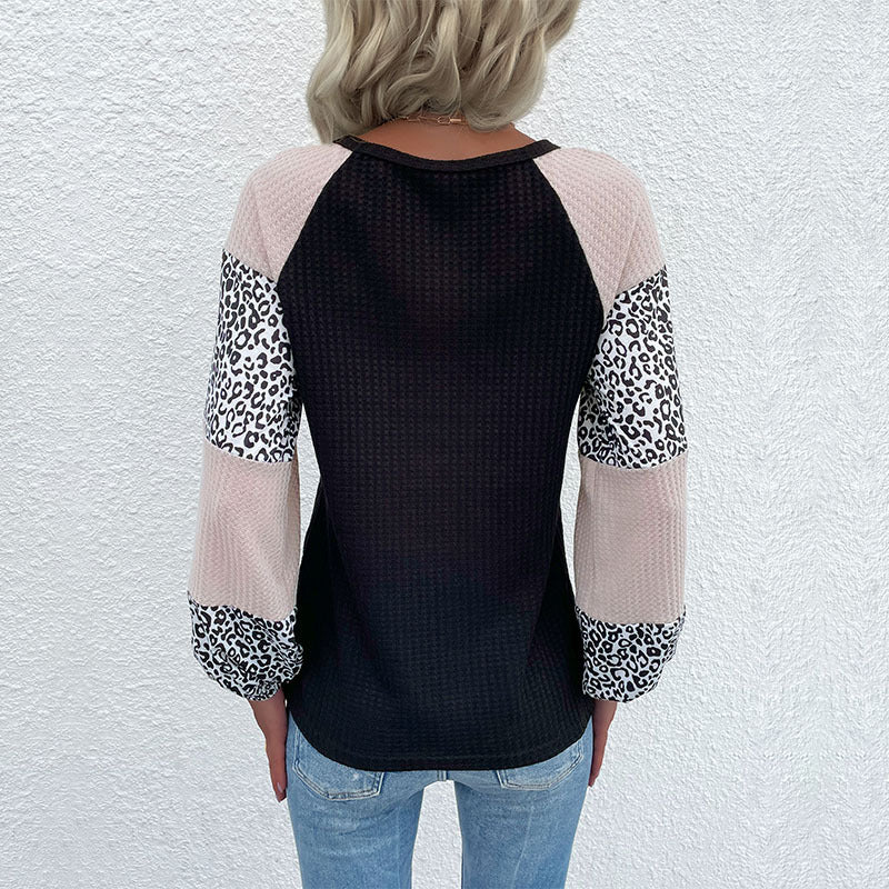 Damen Lässiges Waffelstrick-Shirt mit Raglanärmeln, Colorblock und Leo‑Einsätzen Drune