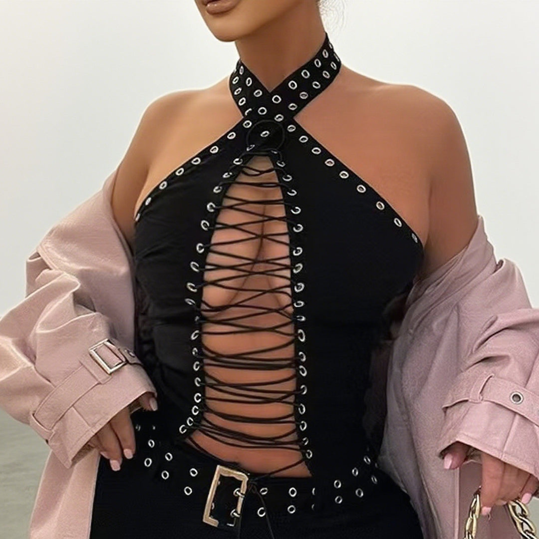 Damen Stylisches Oberteil mit aufwendigem Schnür-Design und glitzernden Akzenten Drune