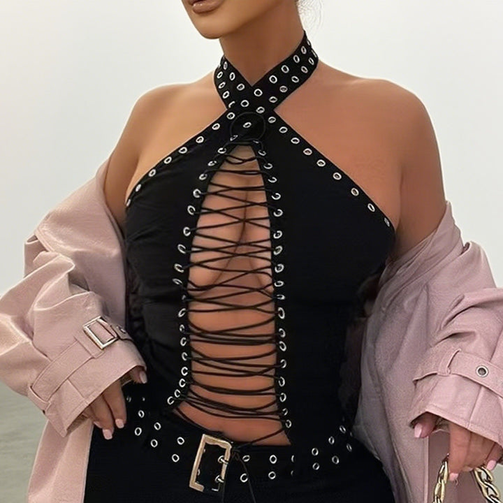 Damen Stylisches Oberteil mit aufwendigem Schnür-Design und glitzernden Akzenten Drune
