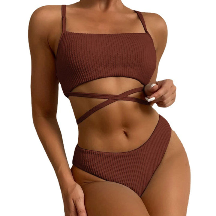 Damen Hochgeschnittener Ripp-Bikini mit Kreuzdetails Drune