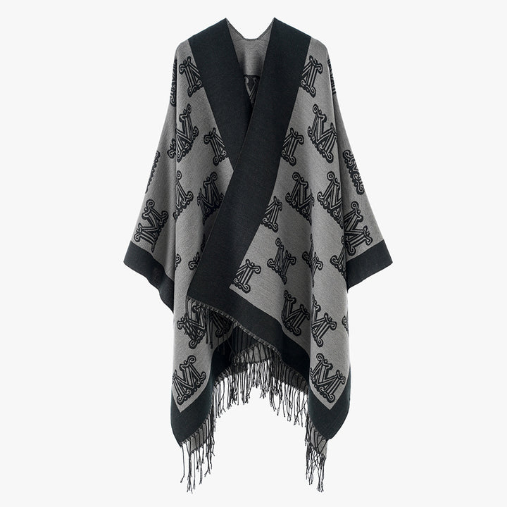 Damen Jacquard-Cape mit Monogramm‑Muster, offenem V‑Ausschnitt und Fransensaum Drune