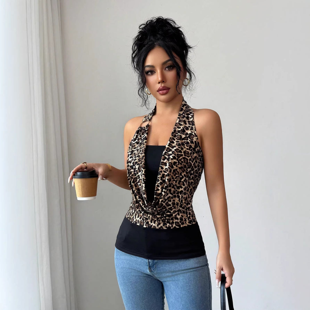 Damen Ärmelloses Neckholder-Wickel-Top mit Drapierter Front und Metallring Drune