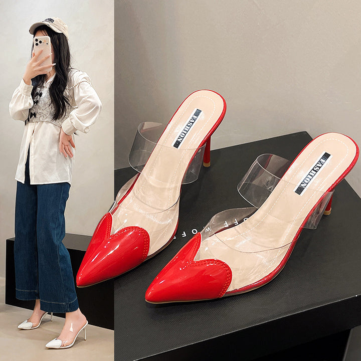 Damen Elegante spitze Mule-Pumps mit transparenten PVC-Riemen und Lackapplikationen Drune