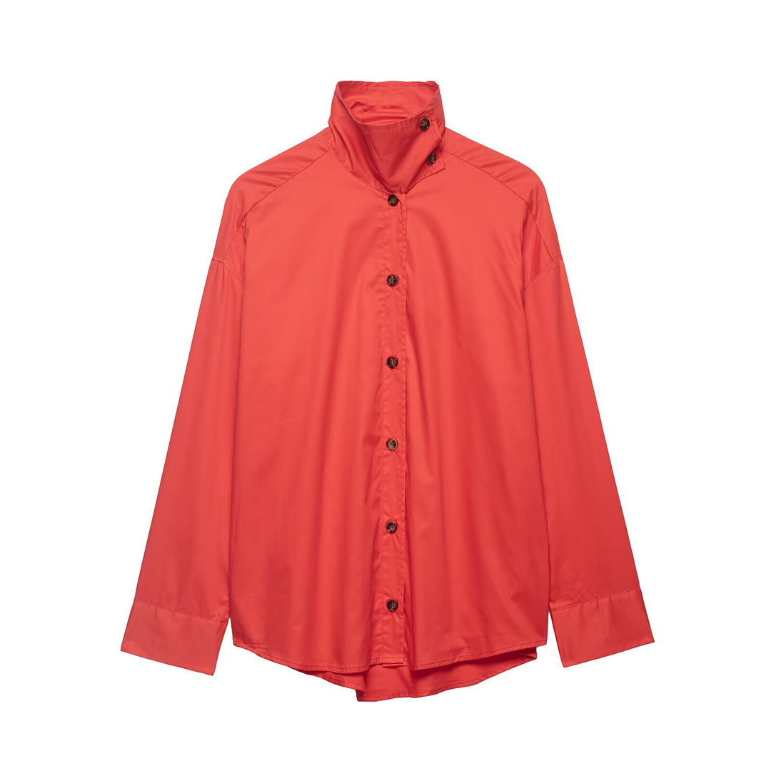 Damen Oversize Hemdjacke mit Stehkragen und durchgehender Knopfleiste Drune
