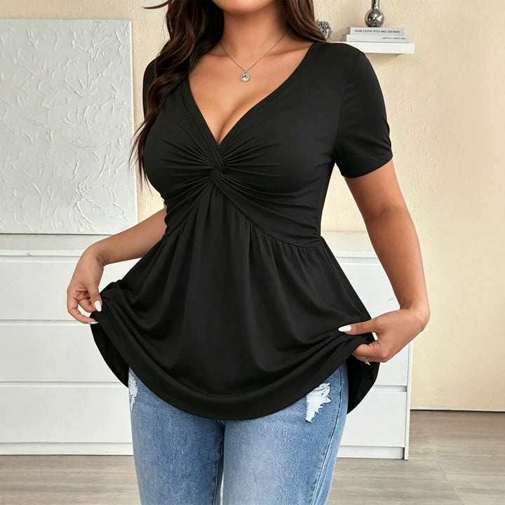 Damen Kurzarm-Bluse mit raffiniertem Wickeldesign und V-Ausschnitt Drune