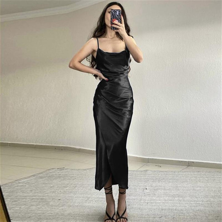 Damen Elegant drapiertes Maxikleid mit sexy Schlitz und schmalen Spaghetti-Trägern Drune