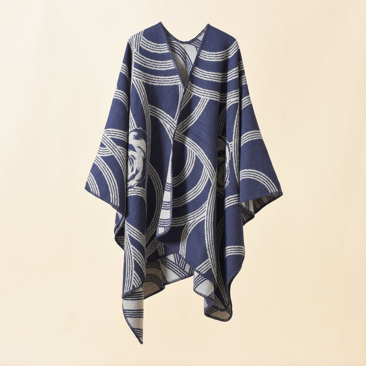 Damen Reversfreier Jacquard-Umhang im kastigen Oversize mit abstraktem Medaillonmuster Drune