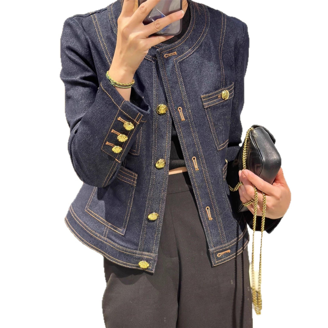 Damen Modische Denimjacke mit goldenen Knöpfen Drune