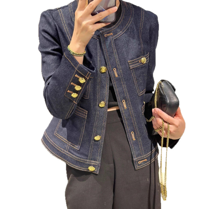 Damen Modische Denimjacke mit goldenen Knöpfen Drune