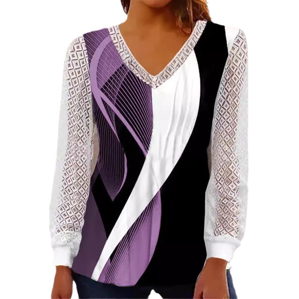 Damen V-Ausschnitt Bluse mit abstraktem Grafikprint und Spitzenärmeln Drune