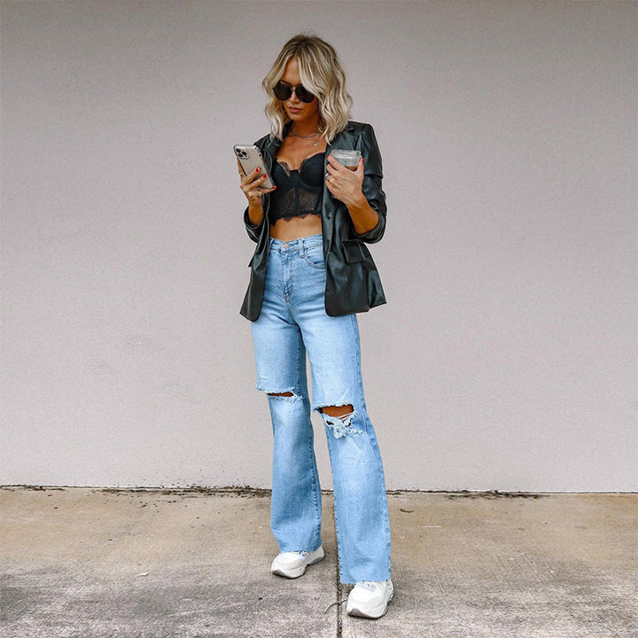 Damen Gefütterte Wide-Leg Jeans mit modischen Rissen und hohem Bund Drune