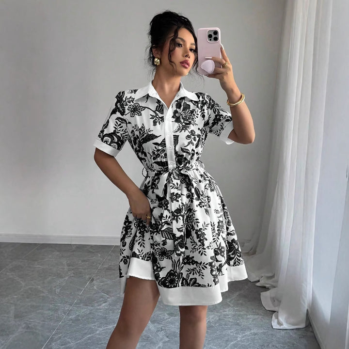 Damen Blusenkleid mit floralem Design und Taillengürtel Drune