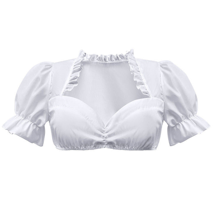 Damen nan traditionelle Dirndlbluse kurz mit Puffärmeln Herzausschnitt und Rüschendetail Drune