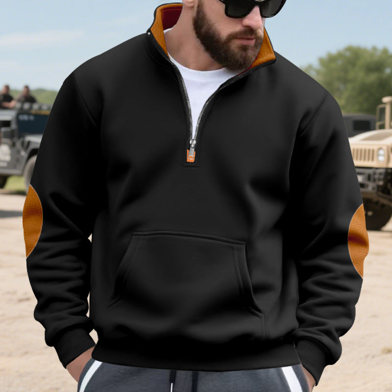 Herren nan isolierter Halbzip-Pullover mit Stehkragen Fleece-Innenfutter Kängurutasche und Wildleder-Ellenbogenpatches Drune