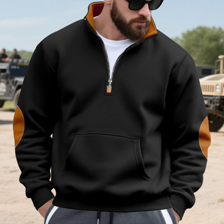 Herren nan isolierter Halbzip-Pullover mit Stehkragen Fleece-Innenfutter Kängurutasche und Wildleder-Ellenbogenpatches Drune